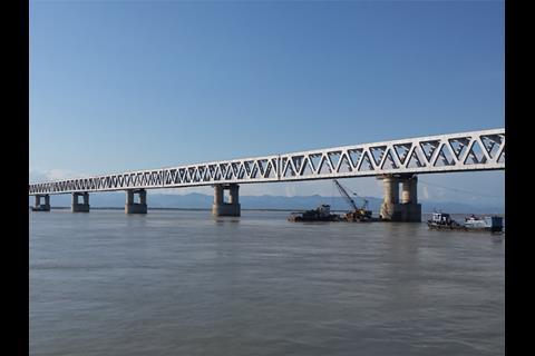 The 4·94 km Bogibeel Bridge crosses the River Brahmaputra between the Dibrugarh and Dhemaji districts of the northeastern state of Assam.